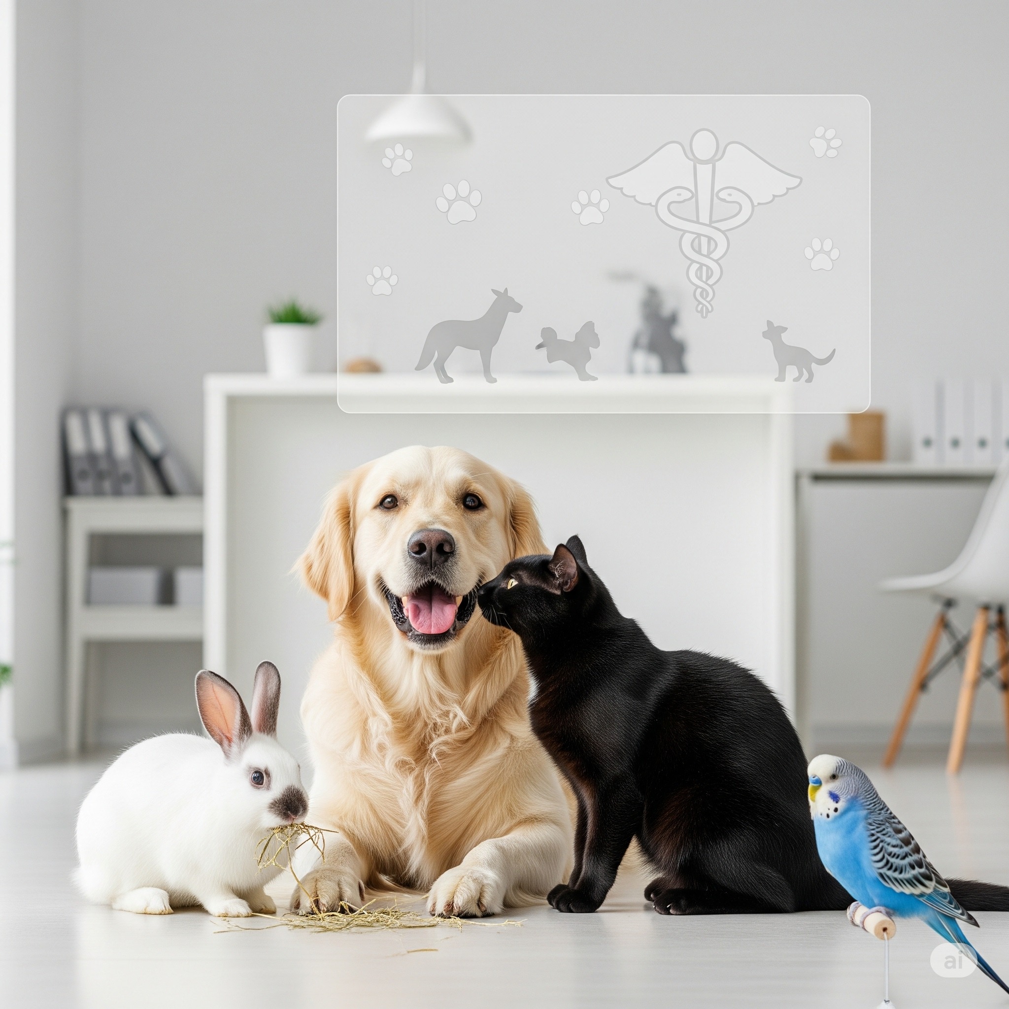 Perro, gato, conejo y ave en una clínica veterinaria